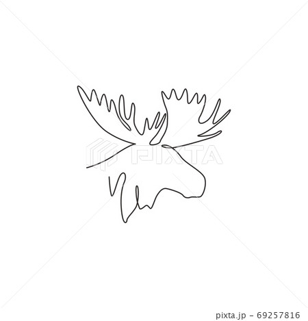 Single continuous line drawing of sturdy moose head for logo identity 69257816