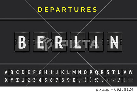Mechanical airport flip board font with flight destination in Europe Berlin with aircraft departure sign. Vector illustration Mechanical airport flip board font with flight destination in Europe Berlin with aircraft departure sign. Vector illustration 69258124