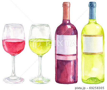 水彩白ワインと赤ワインのボトルとワイングラスのイラスト素材