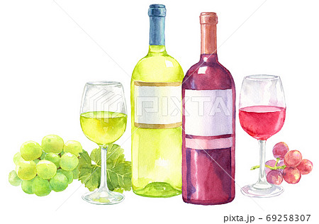 水彩白ワインと赤ワイン ぶどうありのイラスト素材