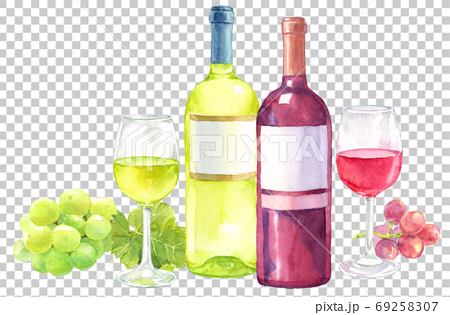 水彩白ワインと赤ワイン ぶどうありのイラスト素材