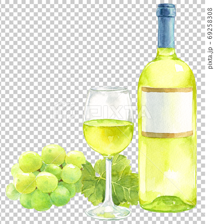 水彩白ワイン ボトルとグラスとぶどうのイラスト素材