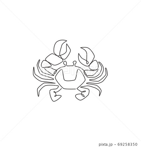 Single continuous line drawing of little crab with big claw for seafood logo identity Single continuous line drawing of little crab with big claw for seafood logo identity 69258350