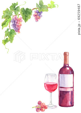 赤ブドウと赤ワインのフレーム_ハガキ縦 69259487