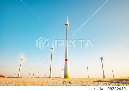 Harvested wheat field with turning windmill turbines 69260036