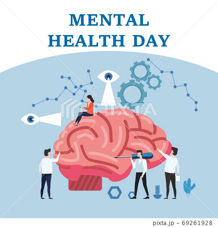 Mental Health Care landing template. Doctors help cure tune human brain to give psychology love therapy, tiny people style flat vector illustration 69261928