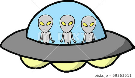 可愛い宇宙人が3人乗ったufoのイラストのイラスト素材