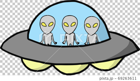 Illustration of ufo with 3 cute aliens - Stock Illustration 