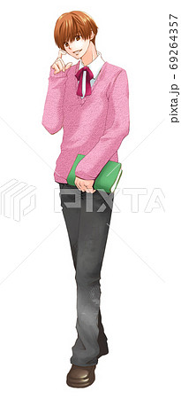 本を持って微笑むピンクのセーターを着た男子学生のイラスト素材