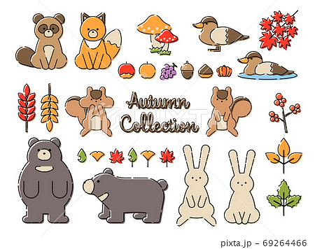 秋 動物 イラスト セット 手描きのイラスト素材