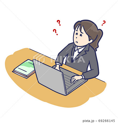 パソコン前であれこれ悩む就活女子のイラスト素材