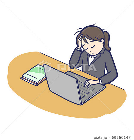 パソコン前で悩む就活女子のイラスト素材