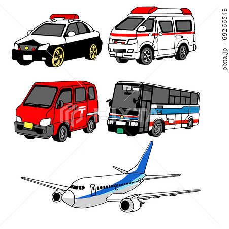 パトカーと救急車と郵便車とバスと飛行機のイラスト素材