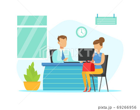 Bank Manager Consulting Female Client, Bank Interior with Counter Desk and Financial Consultant, Bank Service Vector Illustration 69266956