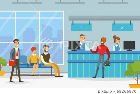 Bank Office Interior with Managers Providing Services to Customers, Financial Bank Service Vector Illustration Bank Office Interior with Managers Providing Services to Customers, Financial Bank Service Vector Illustration 69266970