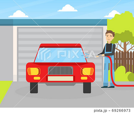 Car Wash Service, Male Worker Character in Overalls Washing Car Vector Illustration 69266973