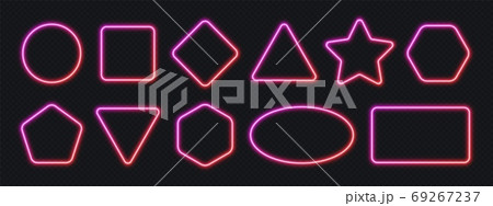 Neon gradient frames set, collection of pink-red glowing borders isolated on a dark background. 69267237