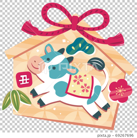 ジャンプする可愛い牛が描かれた絵馬と松竹梅のイラスト素材