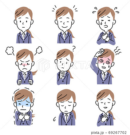 シンプルなタッチの若い女性の表情セット(スーツ) シンプルなタッチの若い女性の表情セット(スーツ) 69267702