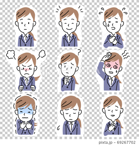 シンプルなタッチの若い女性の表情セット(スーツ) シンプルなタッチの若い女性の表情セット(スーツ) 69267702