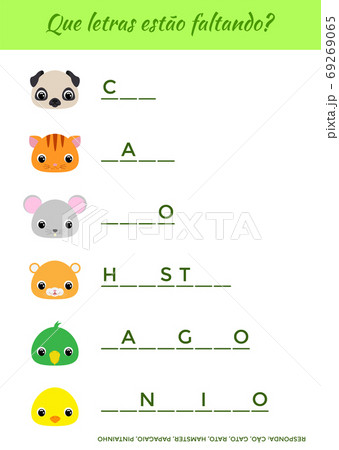 Que letras estao faltando? - What letters are missing? Complete the words. Matching educational game for children with cute animals. Educational activity page for study Portuguese. 69269065