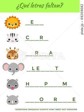 Que letras faltan? - What letters are missing? Complete the words. Matching educational game for children with cute animals. Educational activity page for study Spanish. 69269082