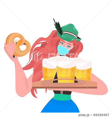 woman in medical mask holding beer mugs and salty pretzel Oktoberfest party celebration coronavirus quarantine concept girl in german traditional clothes portrait vector illustration 69269467