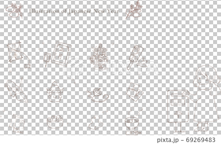 年賀状を出す女の子とお正月の線画イラストセットのイラスト素材