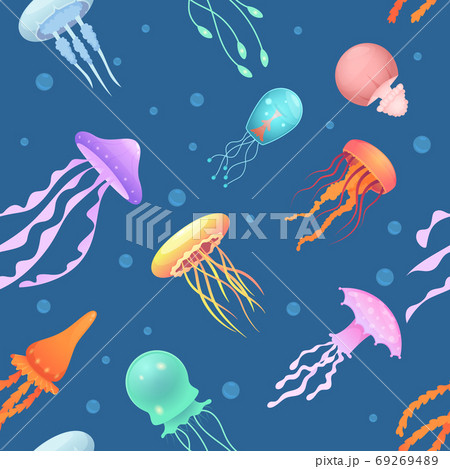 Jellyfish pattern. Underwater medusa colored beautiful ocean animals vector seamless background 69269489