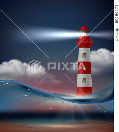 Lighthouse in ocean. Night marine landscape with lighthouse for ship navigation vector realistic background 69269575