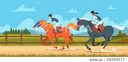 Equestrian sport background. People rides on race horse outdoor vector illustrations in cartoon style 69269577