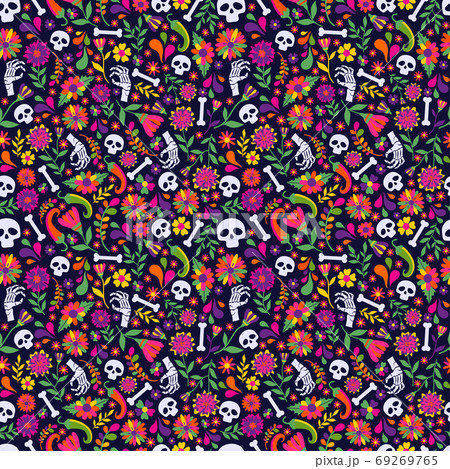 Seamless vector pattern with mexican elements - guitar, sombrero, tequila, taco, skull on dark. Perfect artistic background for your design. Dias de los muertos. Translate-Feast of death. 69269765