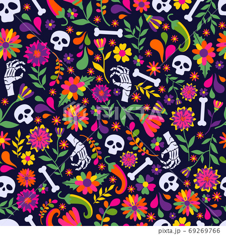 Seamless vector pattern with mexican elements - guitar, sombrero, tequila, taco, skull on dark. Perfect artistic background for your design. Dias de los muertos. Translate-Feast of death. 69269766