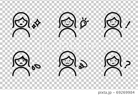色々な考えの女性のアイコン 思う 悩む 閃く やる気 驚き 疑問 疲れる 焦る 汗のイラスト素材 色々な考えの女性のアイコン 思う 悩む 閃く やる気 驚き 疑問 疲れる 焦る 汗のイラスト素材