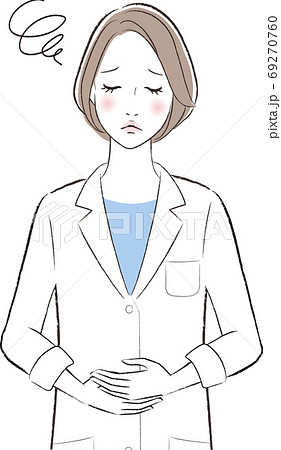 お腹を抑えている白衣の女性のイラストのイラスト素材