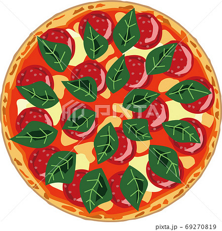 チーズとサラミとバジルのイタリアンフードピザのイラストのイラスト素材