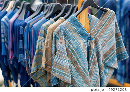 Close up T-shirt Indigo clothing is hand-woven in clothes rack a 69271298