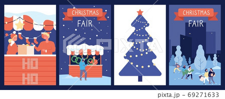 Christmas market cards. Holiday poster, new year or xmas fair, festive decorations. Happy cartoon people and red counters, winter time vector illustration 69271633