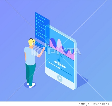 Online radio. Music phone application, isometric man in headphones choose play list. Teen using online sound app or audio books vector illustration 69271671