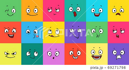 Cartoon expression faces. Comic emoji emotions, funny face. Winking, scary and laughing caricatures. Eyes and mouth, emoticons vector illustration 69271798