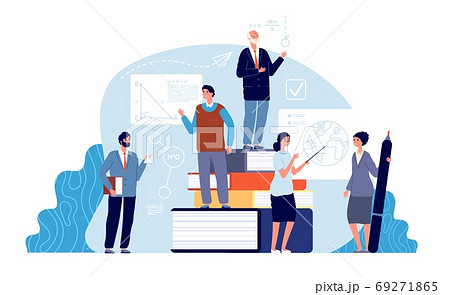 Teachers concept. Academics, school education world. Tiny professors of college. Mathematics geography chemistry teacher vector illustration 69271865