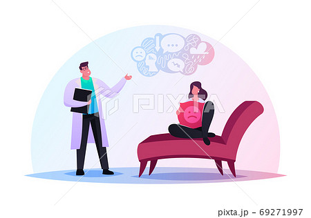 Depressed Woman Sitting on Couch at Psychologist Appointment for Professional Help. Doctor, Mental Mind Health Problem 69271997