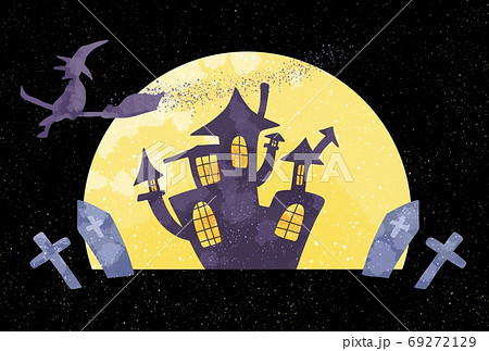 星空で飛ぶ魔女と満月とお化け屋敷のイラストのイラスト素材