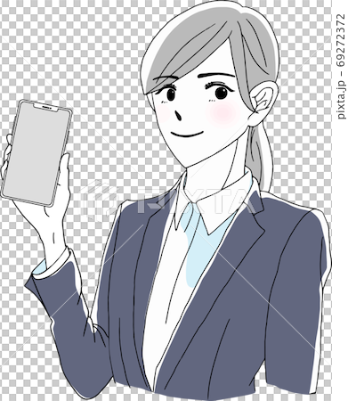 A pretty woman with long hair in a suit and holding a smartphone 69272372