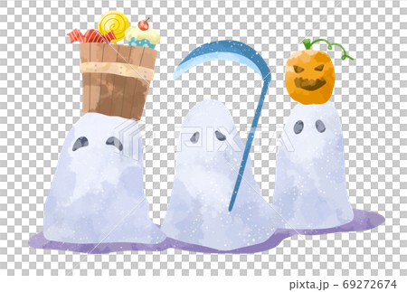 ハロウィンにお菓子をもらって嬉しそうなゴーストのイラストのイラスト素材