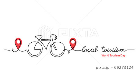 Local tourism simple web banner ,background, poster with pinpoint icon and bicycle. Vector minimalist background. One continuous line drawing with lettering local tourism Local tourism simple web banner ,background, poster with pinpoint icon and bicycle. Vector minimalist background. One continuous line drawing with lettering local tourism 69273124