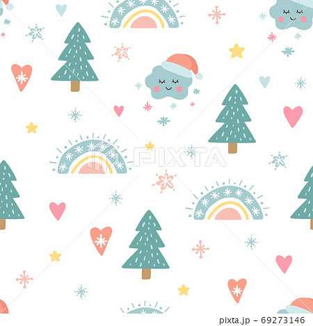 Christmas seamless pattern with cute funny characters. Unique decoration with rainbow, christmas tree, clouds, snowflakes, santa hat, sun and balls. Trendy Holiday design element. Vector illustration 69273146