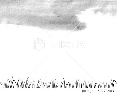 空と芝の背景 墨の手描きイラスト のイラスト素材