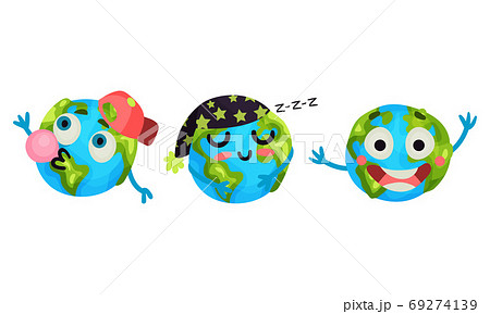 Humanized Globe Sphere Sleeping and Chewing Gum Vector Set Humanized Globe Sphere Sleeping and Chewing Gum Vector Set 69274139