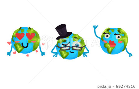 Humanized Globe Sphere Falling in Love and Waving Hand Vector Set 69274516